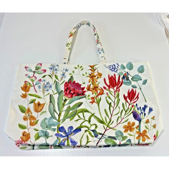 Estee Lauder White Floral Printed Canvas Shopper Tote Bag Mint Green Liner "New" - Picture 5 of 12